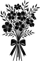 AI generated Silhouette spring flower bouquet tied with ribbon black color only vector