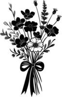 AI generated Silhouette spring flower bouquet tied with ribbon black color only vector