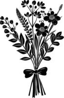 AI generated Silhouette spring flower bouquet tied with ribbon black color only vector