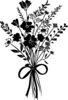 AI generated Silhouette spring flower bouquet tied with ribbon black color only vector