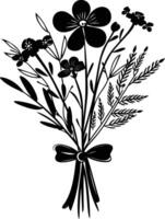 AI generated Silhouette spring flower bouquet tied with ribbon black color only vector