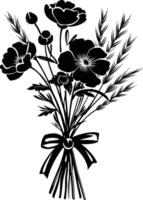 AI generated Silhouette spring flower bouquet tied with ribbon black color only vector