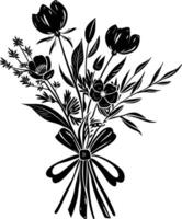 AI generated Silhouette spring flower bouquet tied with ribbon black color only vector