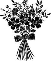 AI generated Silhouette spring flower bouquet tied with ribbon black color only vector