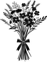 AI generated Silhouette spring flower bouquet tied with ribbon black color only vector