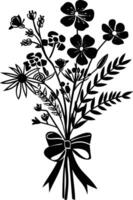 AI generated Silhouette spring flower bouquet tied with ribbon black color only vector