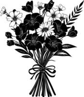 AI generated Silhouette spring flower bouquet tied with ribbon black color only vector