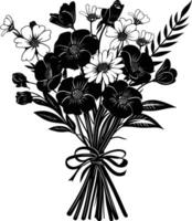 AI generated Silhouette spring flower bouquet tied with ribbon black color only vector