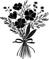 AI generated Silhouette spring flower bouquet tied with ribbon black color only vector