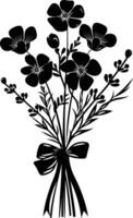 AI generated Silhouette spring flower bouquet tied with ribbon black color only vector