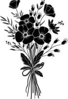 AI generated Silhouette spring flower bouquet tied with ribbon black color only vector