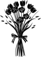 AI generated Silhouette spring flower bouquet tied with ribbon black color only vector