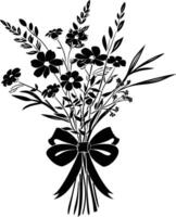 AI generated Silhouette spring flower bouquet tied with ribbon black color only vector