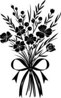 AI generated Silhouette spring flower bouquet tied with ribbon black color only vector