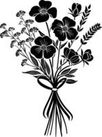 AI generated Silhouette spring flower bouquet tied with ribbon black color only vector