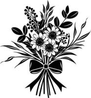 AI generated Silhouette spring flower bouquet tied with ribbon black color only vector