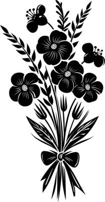 AI generated Silhouette spring flower bouquet tied with ribbon black color only