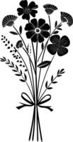 AI generated Silhouette spring flower bouquet tied with ribbon black color only vector