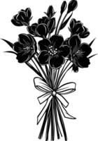 AI generated Silhouette spring flower bouquet tied with ribbon black color only vector