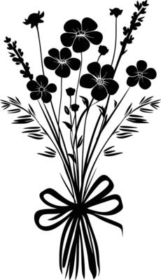 AI generated Silhouette spring flower bouquet tied with ribbon black color only