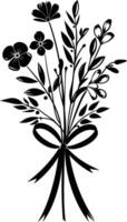 AI generated Silhouette spring flower bouquet tied with ribbon black color only vector