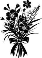 AI generated Silhouette spring flower bouquet tied with ribbon black color only vector