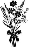 AI generated Silhouette spring flower bouquet tied with ribbon black color only vector