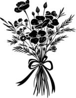 AI generated Silhouette spring flower bouquet tied with ribbon black color only vector