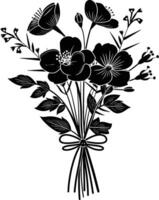 AI generated Silhouette spring flower bouquet tied with ribbon black color only vector