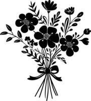 AI generated Silhouette spring flower bouquet tied with ribbon black color only vector