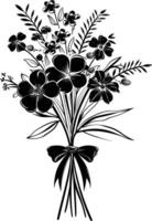 AI generated Silhouette spring flower bouquet tied with ribbon black color only vector