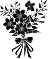 AI generated Silhouette spring flower bouquet tied with ribbon black color only vector