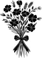 AI generated Silhouette spring flower bouquet tied with ribbon black color only vector