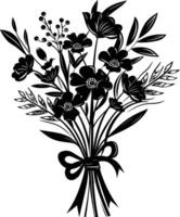 AI generated Silhouette spring flower bouquet tied with ribbon black color only vector