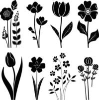 AI generated Silhouette spring flower collection black color only vector