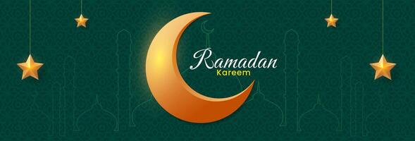 Ramadan Kareem banner design. Islamic background with golden crescent moon and star . Vector illustration