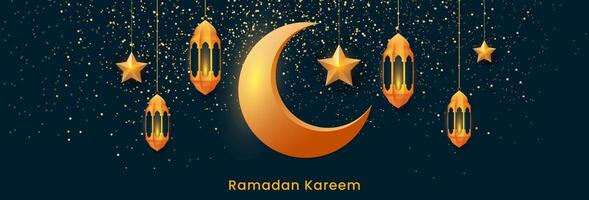 Ramadan Kareem banner design. Islamic background with golden lanterns, stars and crescent moon. Vector illustration