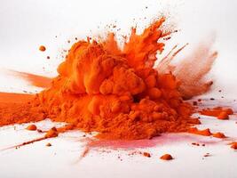 AI generated bright orange holi paint color powder festival explosion burst isolated white background. industrial print concept background photo