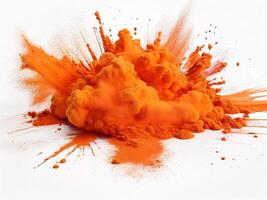 ai generado brillante naranja holi pintar color polvo festival explosión Estallar aislado blanco antecedentes. industrial impresión concepto antecedentes foto