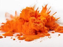 AI generated bright orange holi paint color powder festival explosion burst isolated white background. industrial print concept background photo