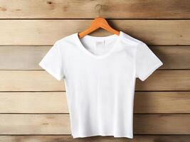 AI generated Opened white tshirt with hanger on wood background photo