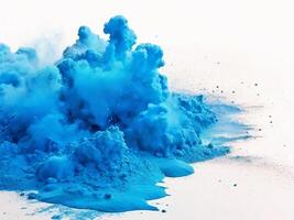 AI generated bright cyan blue holi paint color powder festival explosion burst isolated white background. industrial print concept background photo