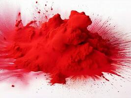 AI generated bright red holi paint color powder festival explosion burst isolated white background. industrial print concept background photo