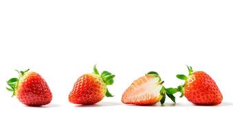 Strawberries with leaf isolate. Whole and half of strawberry on white. photo