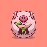 Cute Pig Holding Money Cartoon Vector Icon Illustration. Animal Business Icon Concept Isolated Premium Vector. Flat Cartoon Style