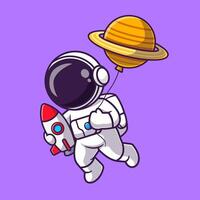 Cute Astronaut Holding Rocket With Planet Balloon Cartoon Vector Icon Illustration. Science Technology Icon Concept Isolated Premium Vector. Flat Cartoon Style