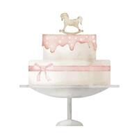 Cake for Baby Shower party. Hand drawn watercolor illustration for little Girl Birthday. Sweet dessert on isolated background for child birth celebration in pastel pink and beige colors vector