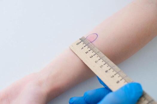Close-up photograph of a child's hand with a red spot reaction to a Mantoux test 72 hours after injection. A nurse in blue gloves uses a ruler to check the reaction. photo