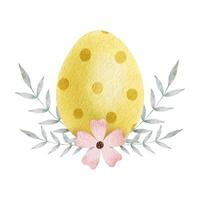 Yellow Easter egg, flowers and leaves. Paschal Concept with Easter Eggs with Pastel Colors. Isolated watercolor illustration. Template for Easter cards, covers, posters and invitations. vector