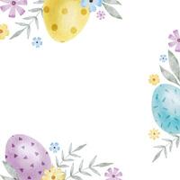 Frame of cute colorful Easter eggs, flowers and leaves. Paschal Concept with purple and blue Easter Eggs. Isolated watercolor illustration. Template for Easter cards, covers, posters and invitations. vector